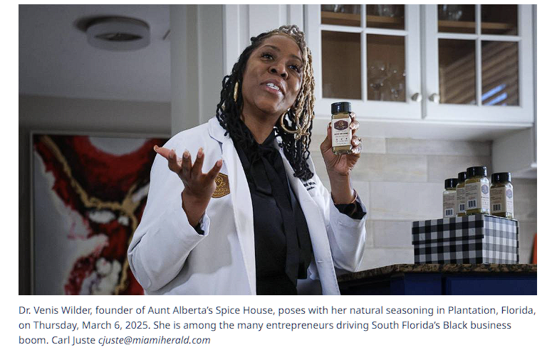 Dr. Venis Wilder, founder of Aunt Alberta’s Spice House, poses with her natural seasoning in Plantation, Florida, on Thursday, March 6, 2025. She is among the many entrepreneurs driving South Florida’s Black business boom. Carl Juste cjuste@miamiherald.com Read more at: https://www.miamiherald.com/news/local/article301383654.html#storylink=cpy