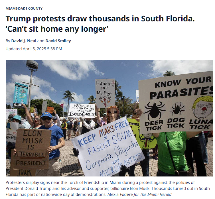 Miami Herald headline reads "Trump protests draw thousands in South Florida. 'Can't sit home any longer'